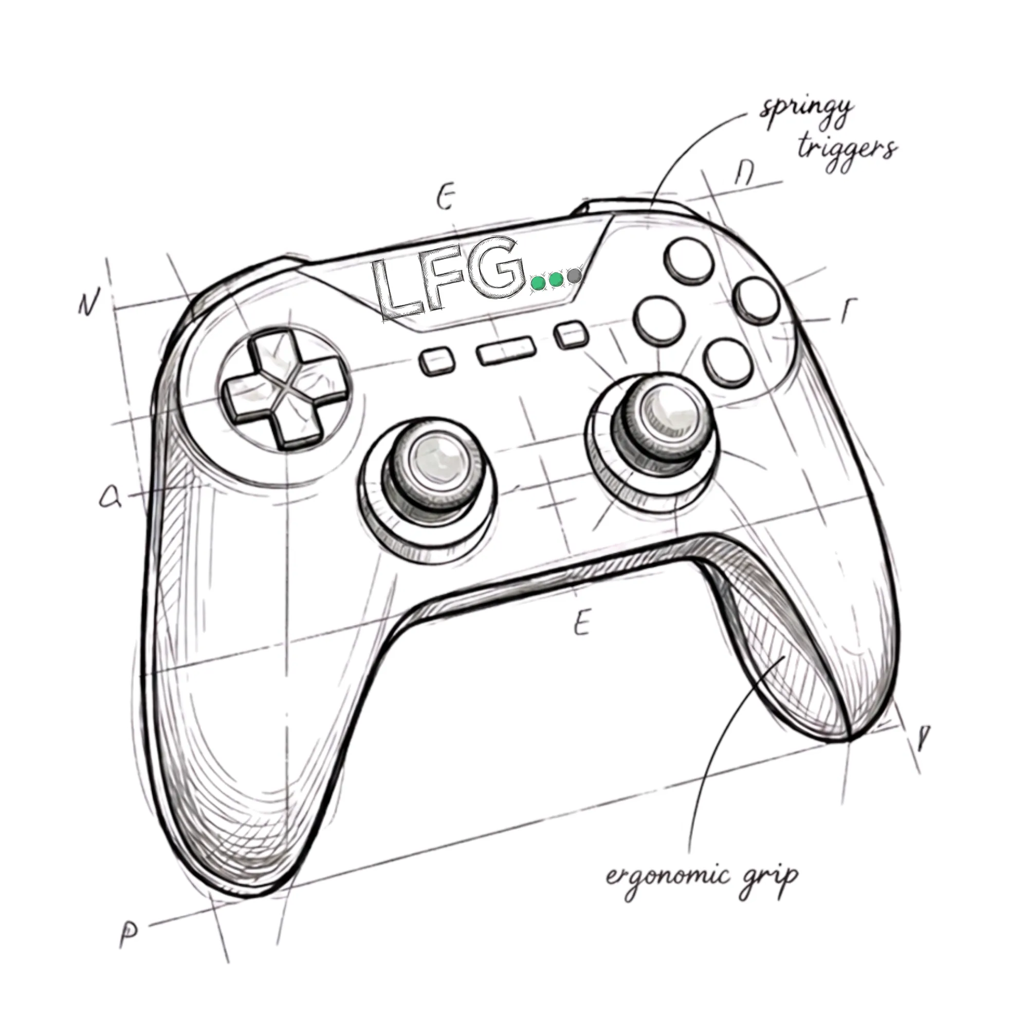 Illustration of a Lost Friends Gang game controller — a generic handheld controller sketch with a small embroidered LFG mark etched onto the body.