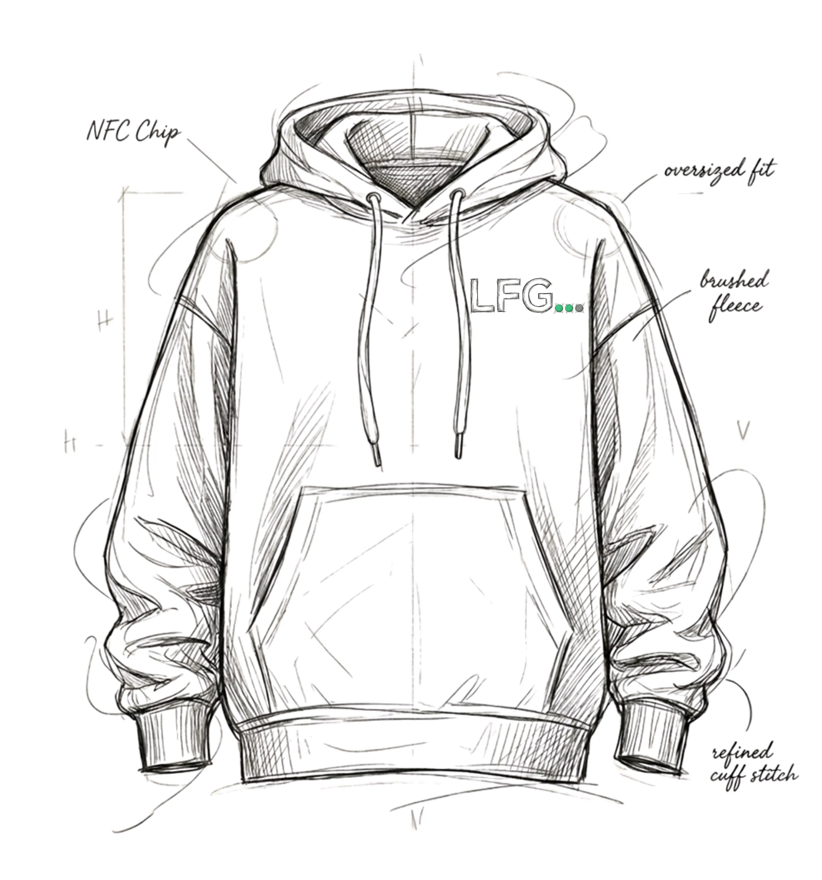 Illustration of a Lost Friends Gang hoodie — a heavyweight near-black pullover with a full hood, drawstrings, kangaroo pocket, and a small embroidered LFG mark on the left chest.