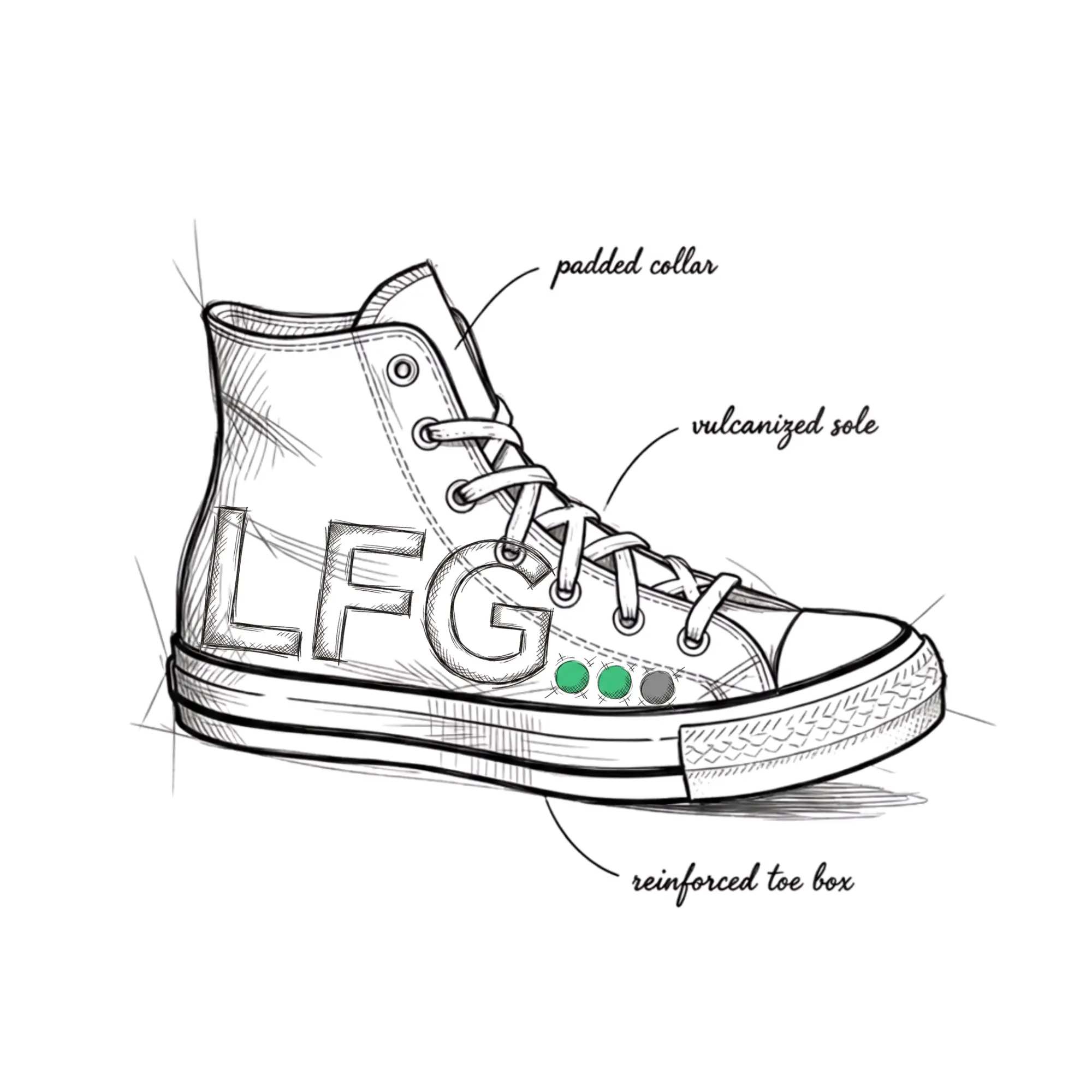 Illustration of a Lost Friends Gang sneaker — a low-top sneaker sketch with a chunky sole and a small embroidered LFG mark on the side panel.